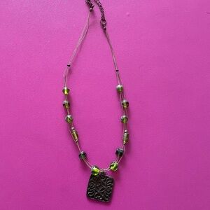 Beaded Wire Strand Necklace Green and Silver